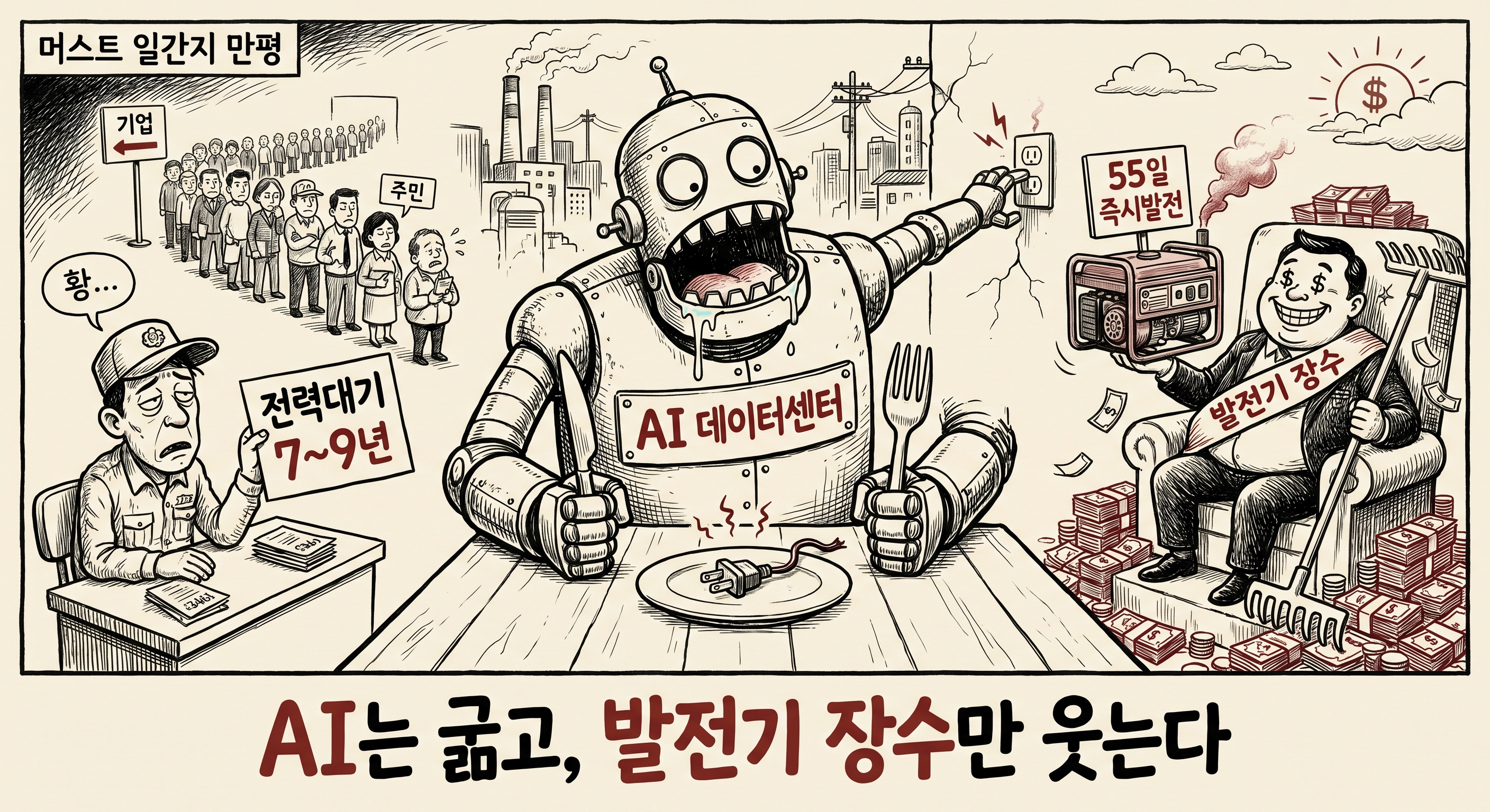 오늘의 만평 — AI는 굶고, 발전기 장수만 웃는다